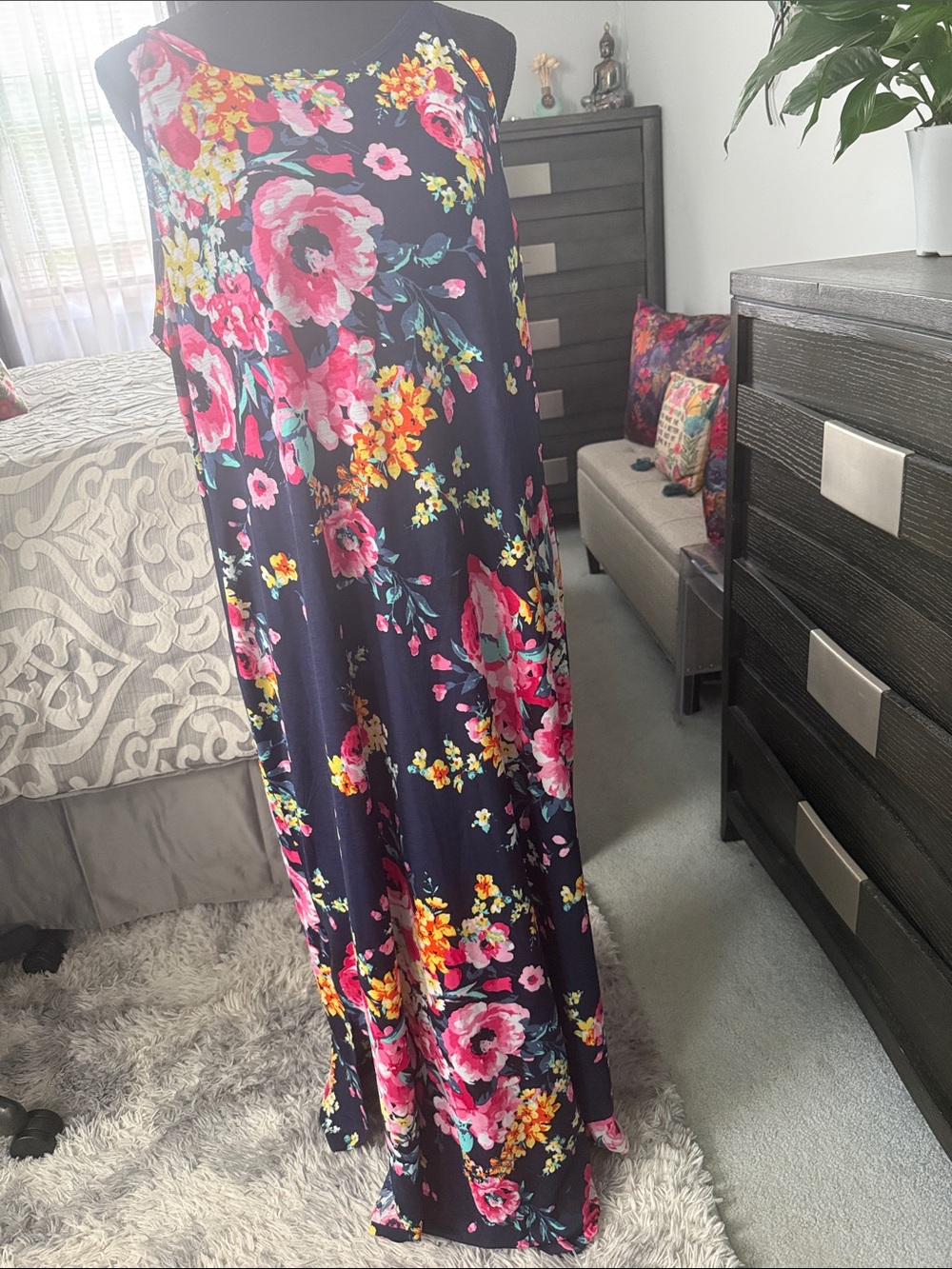Floral Navy Maxi Skirt with Pink & Yellow Blooms